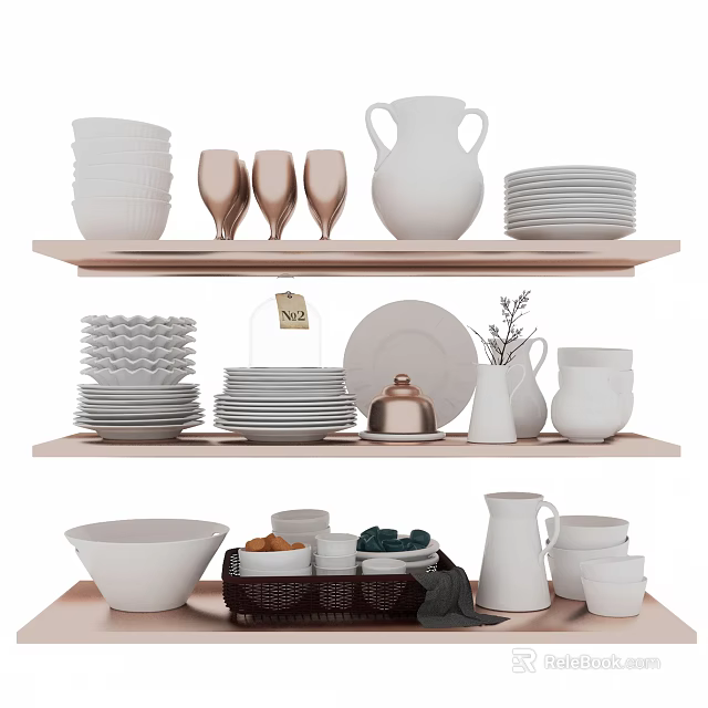 Modern White and Copper Dinnerware Set with Plates Cups Pitchers and Bowls on Shelves 3d model 
