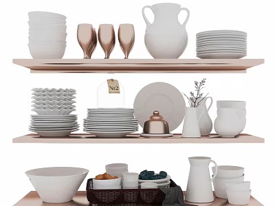 Modern White and Copper Dinnerware Set with Plates Cups Pitchers and Bowls on Shelves 3d model