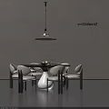 Modern Round Dining Table and Light Chairs with Hanging Pendant Light Fruit Bowl and Vase