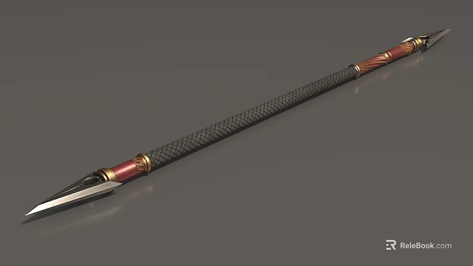 Traditional Long Spear Weapon With Metal Spearhead Black Grip And Red Gold Accents 3d model 