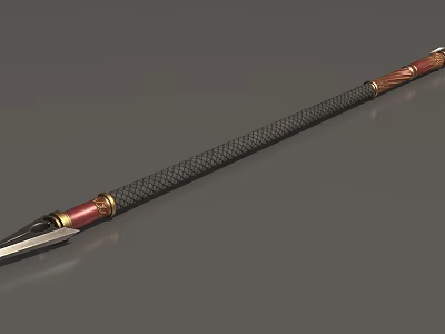 Traditional Long Spear Weapon With Metal Spearhead Black Grip And Red Gold Accents 3d model