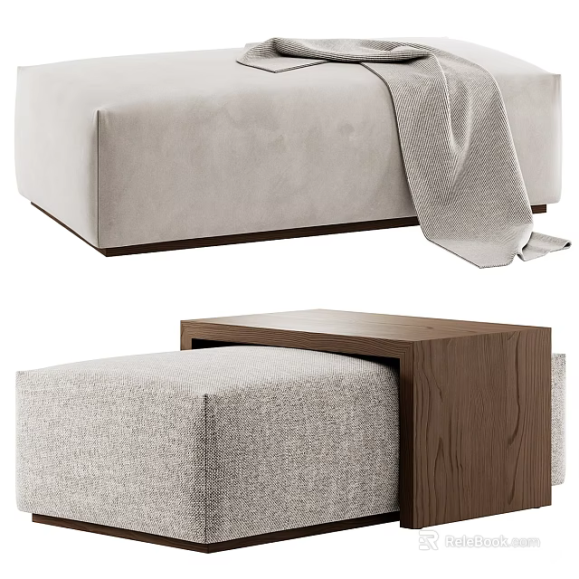 Modern Beige Fabric Sofa Stool with Wooden Frame and Gray Blanket Decoration 3d model 