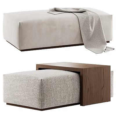 Modern Beige Fabric Sofa Stool with Wooden Frame and Gray Blanket Decoration 3d model