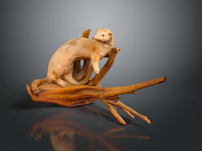 Artistic Wooden Otter Sculpture Perched On Curved Natural Driftwood Branch 3d model
