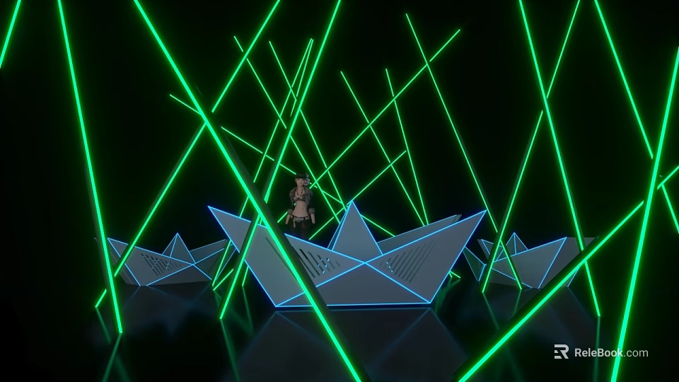 Stage with Green Laser Lights and Paper Boats Featuring a Person Standing 3d model 