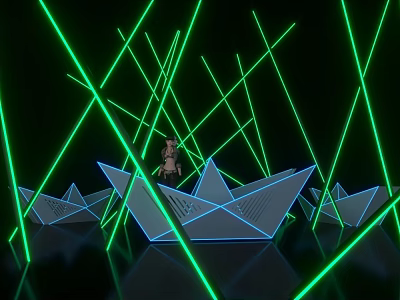 Stage with Green Laser Lights and Paper Boats Featuring a Person Standing 3d model
