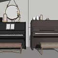Elegant Musical Instruments And Art Supplies Showcasing Black Pianos Wooden Stools And Music Sheets