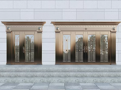Brass Entry Doors with Glass Panels Flanked by Decorative Columns and Front Steps 3d model