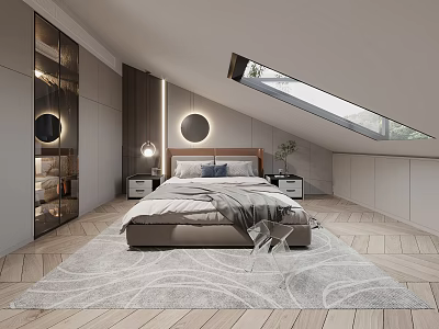 Modern Bedroom With Bed Nightstands Round Lights Skylight Gray Rug And Wooden Flooring 3d model
