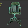 Vintage Office Chair with Armrests Vertical Slat Backrest Green Upholstery and Wooden Star Base Wheels