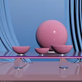 Pink Decorative Bowls And Sphere On Transparent Stand With Blue Curtain Background
