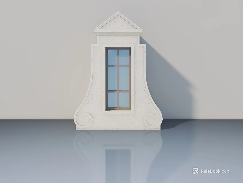 Elegant White Casement Door With Decorative Frame And Glass Panes On Reflective Floor 3d model 