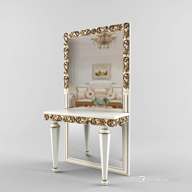 Elegant Dressing Table With Ornate Gold Carvings Large Mirror And White Countertop 3d model 