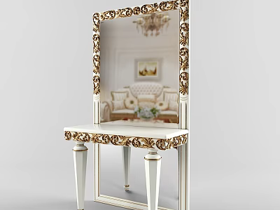 Elegant Dressing Table With Ornate Gold Carvings Large Mirror And White Countertop 3d model