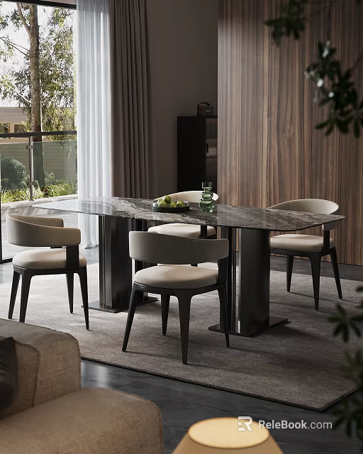Elegant Modern Restaurant Interior With Marble Dining Table And Comfortable Chairs 3d model 