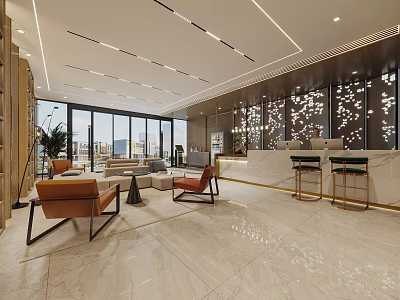 Modern Hotel Lobby Interior With Marble Floor Large Windows Reception Desk And Seating Area 3d model