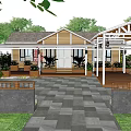 Rustic Wooden Cottage With Gray Roof Green Plants Stone Tile Courtyard And Pergola