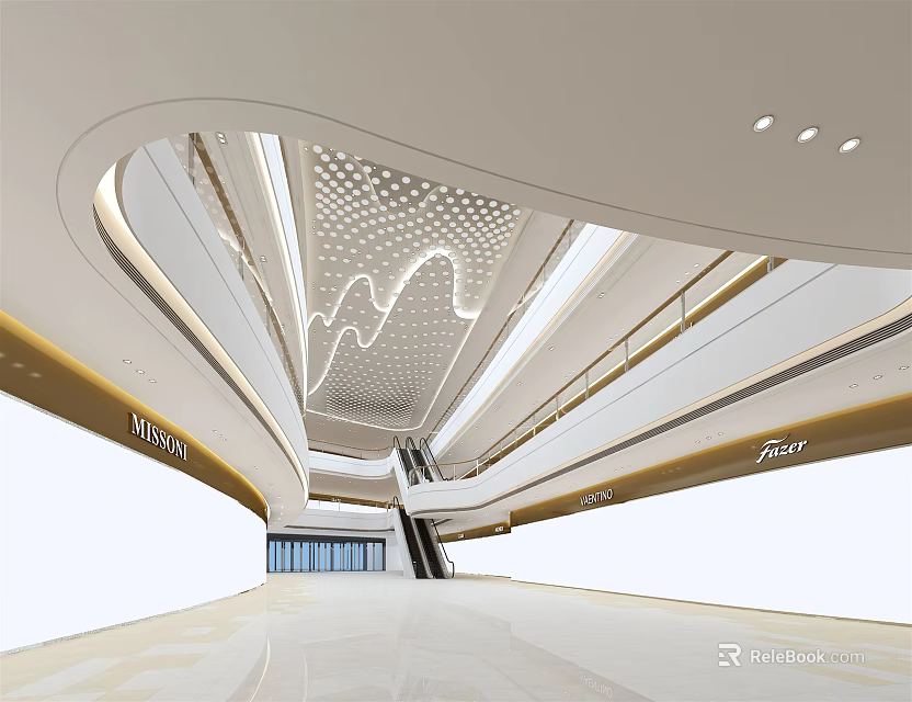 Modern Commercial Atrium With Curved Ceiling Lighting Strips And Escalators 3d model