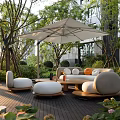 Modern Outdoor Sofa Set With Comfortable Cushions Round Ottomans And Wooden Coffee Table