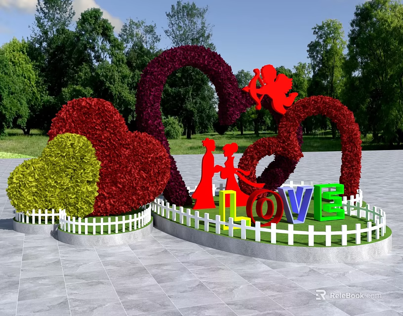 Creative Bush Sculptures Featuring Heart Shapes Red Figures and LOVE Letters in Park 3d model 