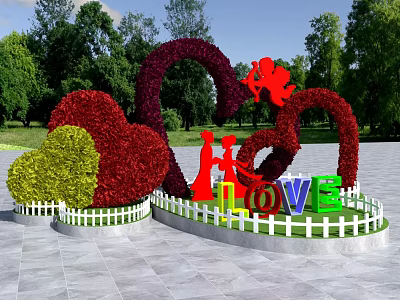 Creative Bush Sculptures Featuring Heart Shapes Red Figures and LOVE Letters in Park 3d model