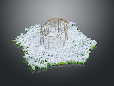 Birds Inside Metal Birdcage On White Snow Like Ground With Green Edges 3d model