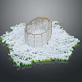 Birds Inside Metal Birdcage On White Snow Like Ground With Green Edges