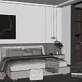 Modern Minimalist Bedroom Interior With Neutral Tones Bed Abstract Line Artwork Nightstands And Bookshelf