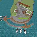 Scenic Riverside Public Landscape Area With Walkway Steps Greenery People And Boats