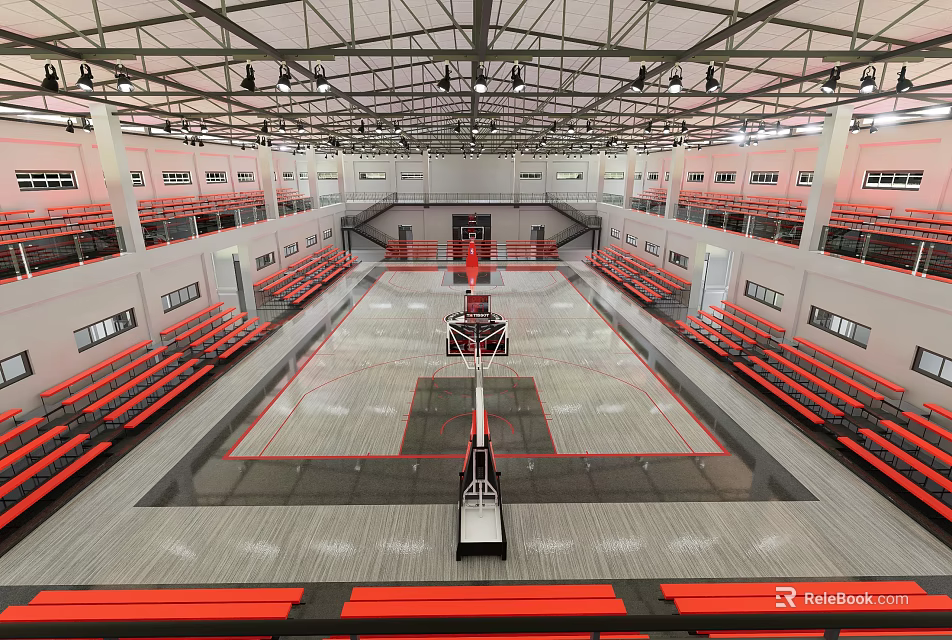Indoor Basketball Court With Red Bleachers Central Hoop And Spacious Design 3d model 