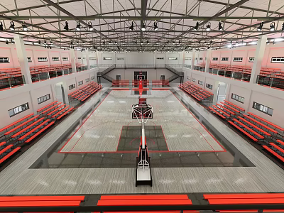 Indoor Basketball Court With Red Bleachers Central Hoop And Spacious Design 3d model