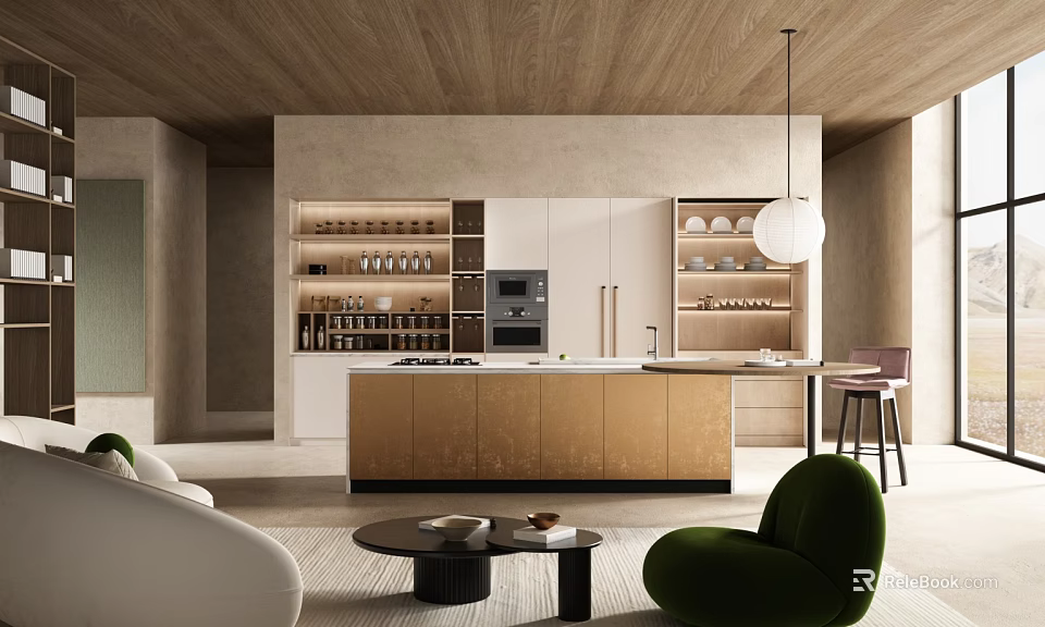Modern Kitchen Interior Design With Stylish Cabinets And Central Island 3d model 