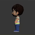 3D Model Boy With Colorful Striped Shirt Blue Pants And Brown Hair On Black Background
