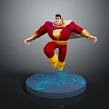 Game Movie Character in Red and Yellow Costume with Cape Jumping on Blue Glowing Base