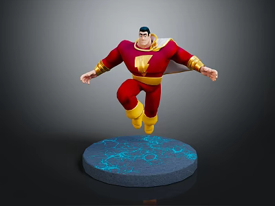 Game Movie Character in Red and Yellow Costume with Cape Jumping on Blue Glowing Base 3d model