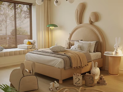 Beige Kids Bed with Bunny Ear Headboard Soft Pillows Blanket and Toys in Cozy Room 3d model