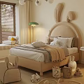 Beige Kids Bed with Bunny Ear Headboard Soft Pillows Blanket and Toys in Cozy Room