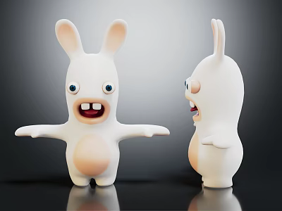 White Rabbit Doll With 3D Styled Exaggerated Expressions Front And Side Views On Dark Background 3d model