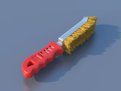 Red Handle Household Cleaning Brush With Yellow Bristles And Metal Connector 3d model