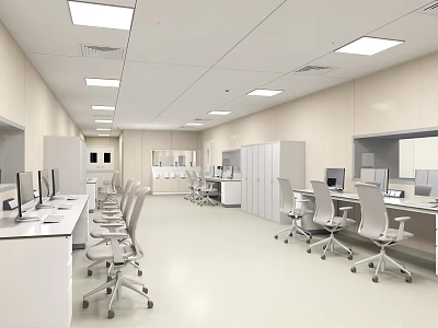 Modern Laboratory Interior With White Tables Chairs Computers And Cabinets 3d model