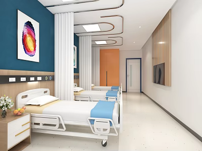 Modern Hospital Ward Interior Featuring Medical Beds Nightstands Wall Art And Curtains 3d model