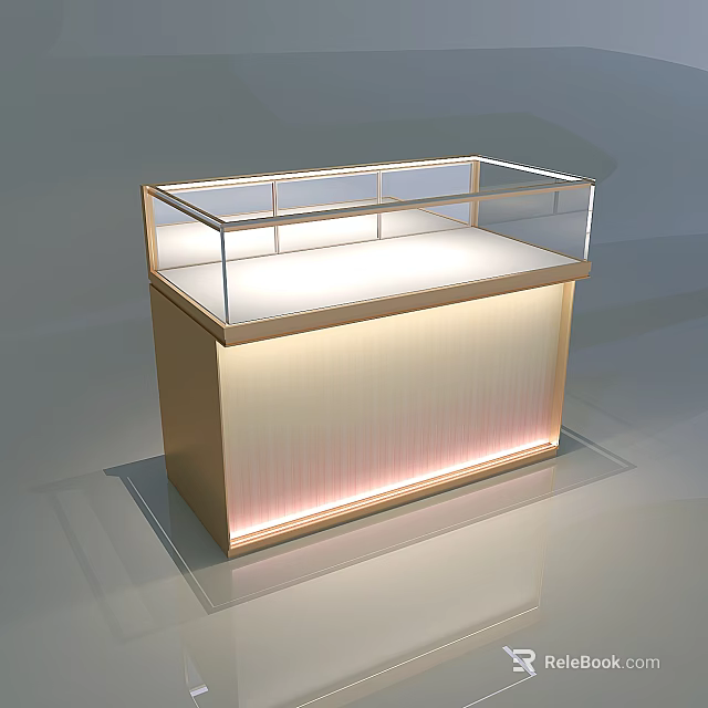Jewelry Store Glass Display Case With Golden Cabinet Illuminated Interior And Transparent Cover 3d model 
