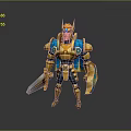 Armored Warrior Man With Gold Blue Armor Helmet And Sword 3D Character