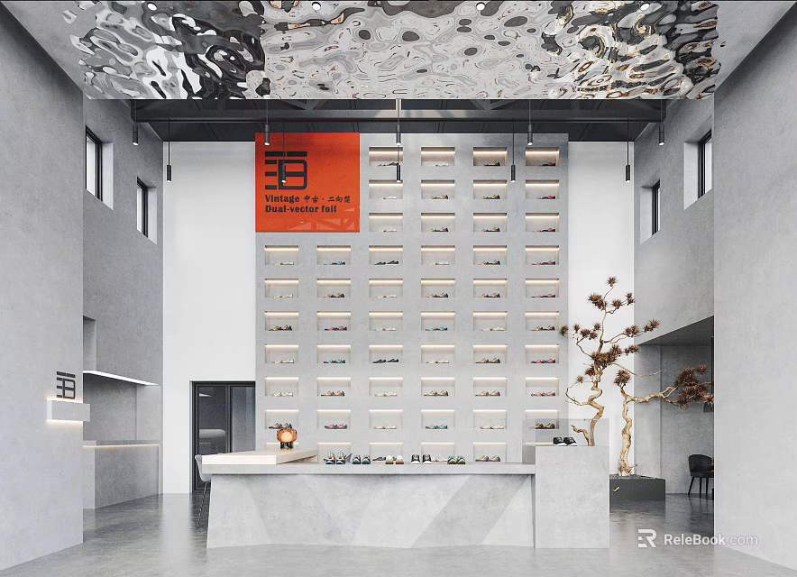 Wang Store Interior With Silver Textured Ceiling Orange Sign Gray Grid Cabinets And White Counter 3d model 