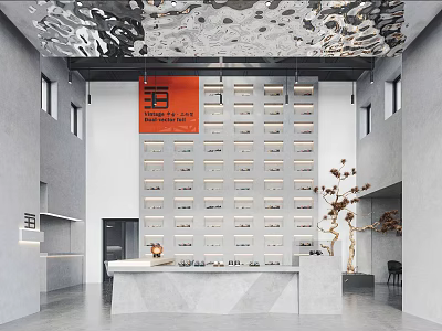 Wang Store Interior With Silver Textured Ceiling Orange Sign Gray Grid Cabinets And White Counter 3d model