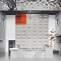 Wang Store Interior With Silver Textured Ceiling Orange Sign Gray Grid Cabinets And White Counter