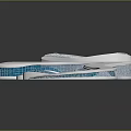 Modern Architectural Design Featuring Curved White Structure With Blue Grid And Oval Elements