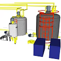 Industrial Equipment Setup Featuring Storage Tanks Pipes Ladders And Control Panel