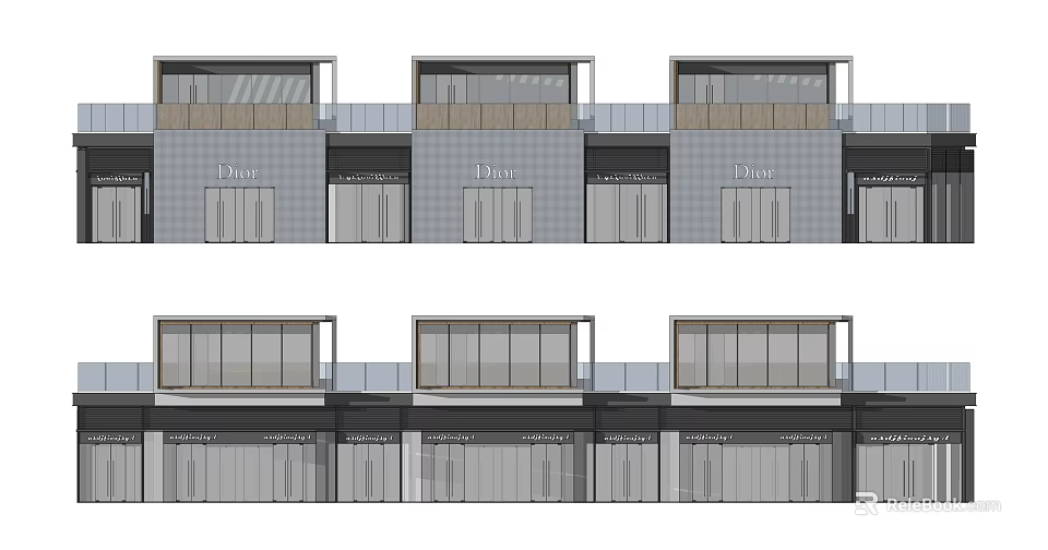 Modern Commercial Street Building Facade With Glass Windows And Storefronts 3d model 