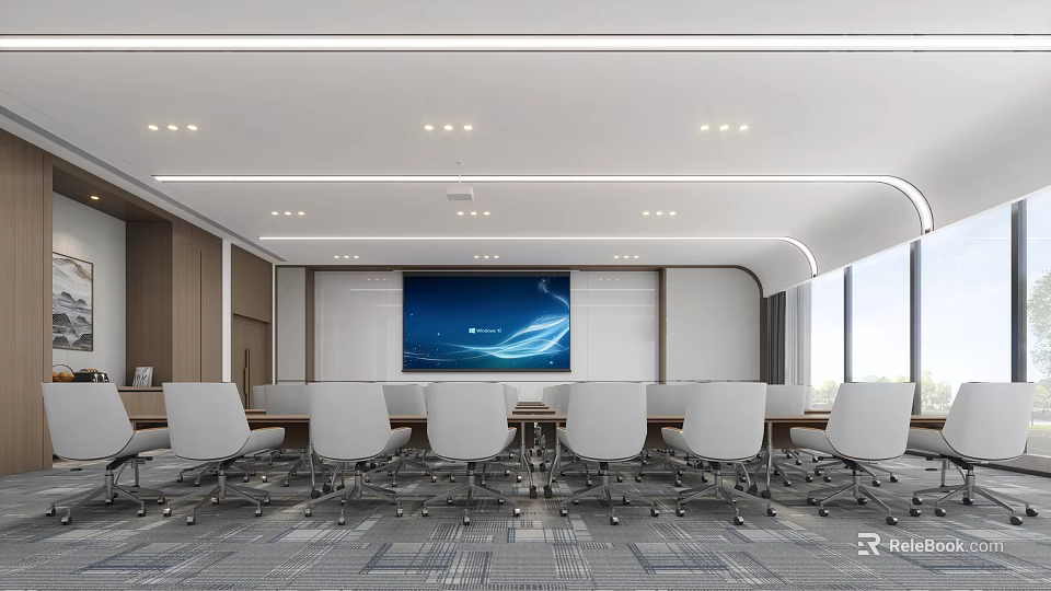 Modern Conference Room Interior With Long Table White Chairs Large Screen And Windows 3d model 